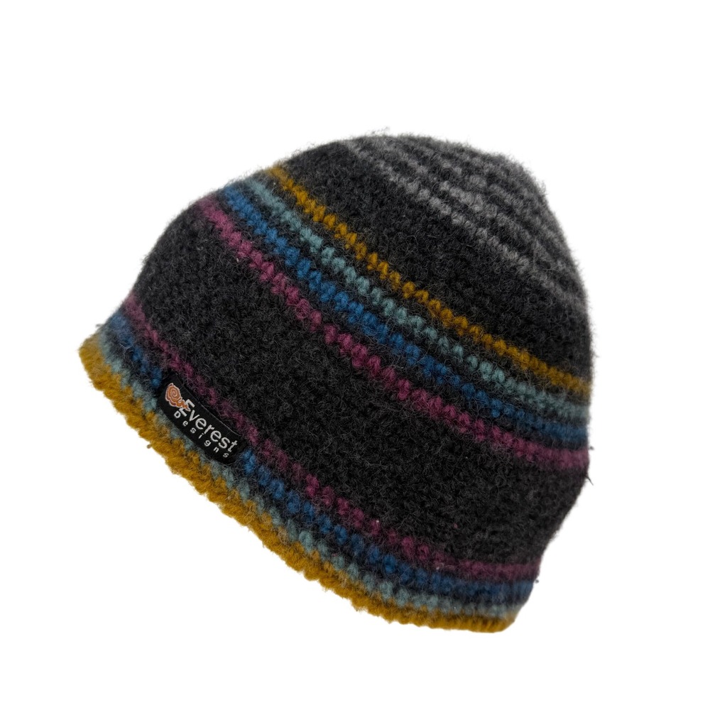 Everest Designs Mens Wool Beanie Fleece Lined Striped Hand Knit Hat Nepal Grey